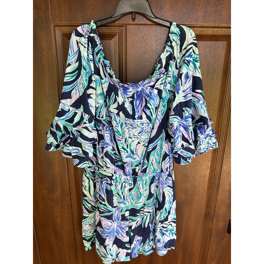 Lilly Pulitzer L Calla Off Shoulder Romper‎ High Tide Navy Ready Set Gecko